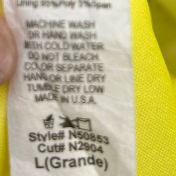 Sz L-Nymphe brand lined yellow dress w/gold dots & white straps - Picture 5 of 5